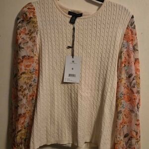 Cream Cable Knit Top with Floral Sleeves